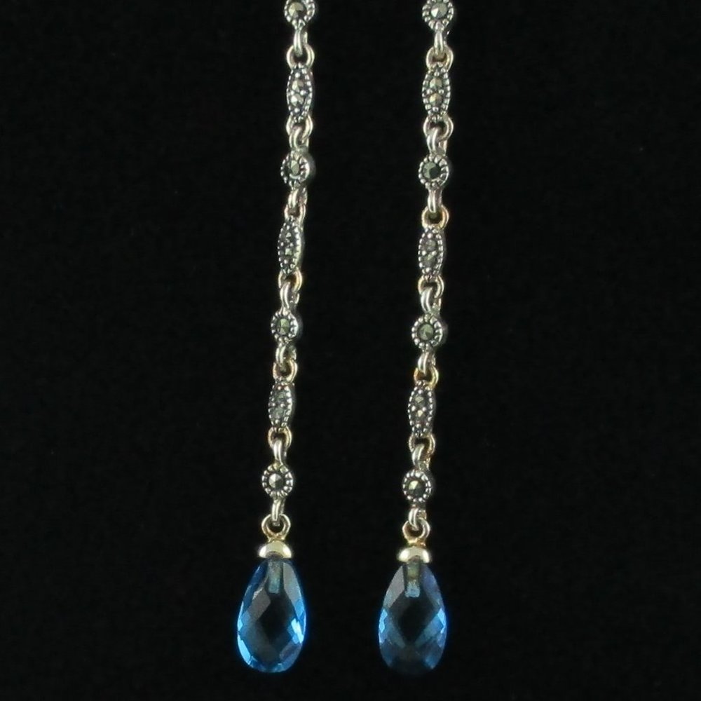 Blue Crystal & Marcasite Dangle Earrings - Picture 5 of 14